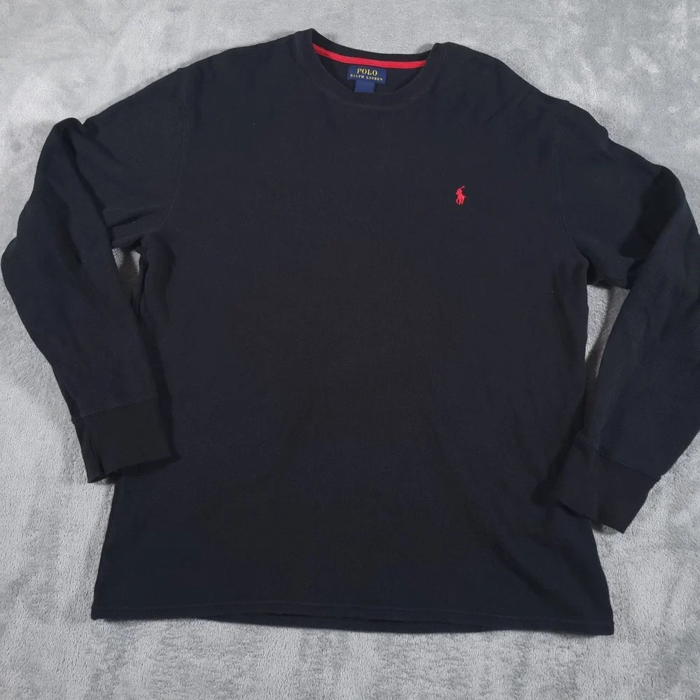 Polo Ralph Lauren Shirt Mens XL Black Red Pony Waffle Knit‎ Crewneck Long Sleeve